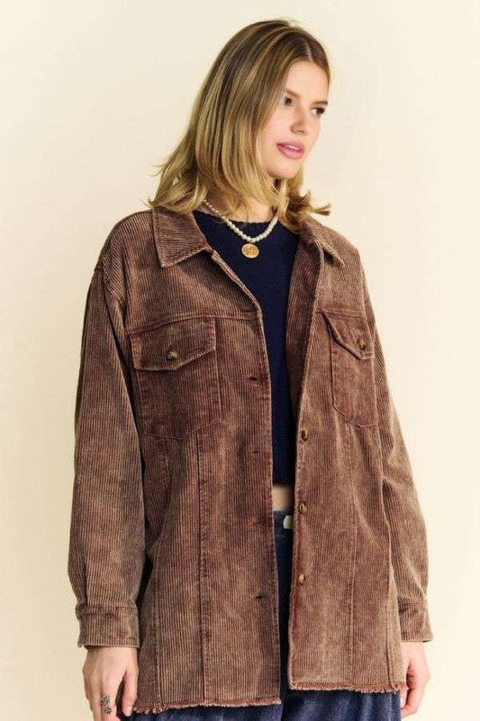 The Babs Washed Corduroy Raw Hem Button Up Jacket