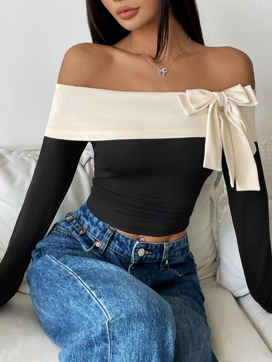 The Bella Bow Contrast Off-Shoulder Long Sleeve Top