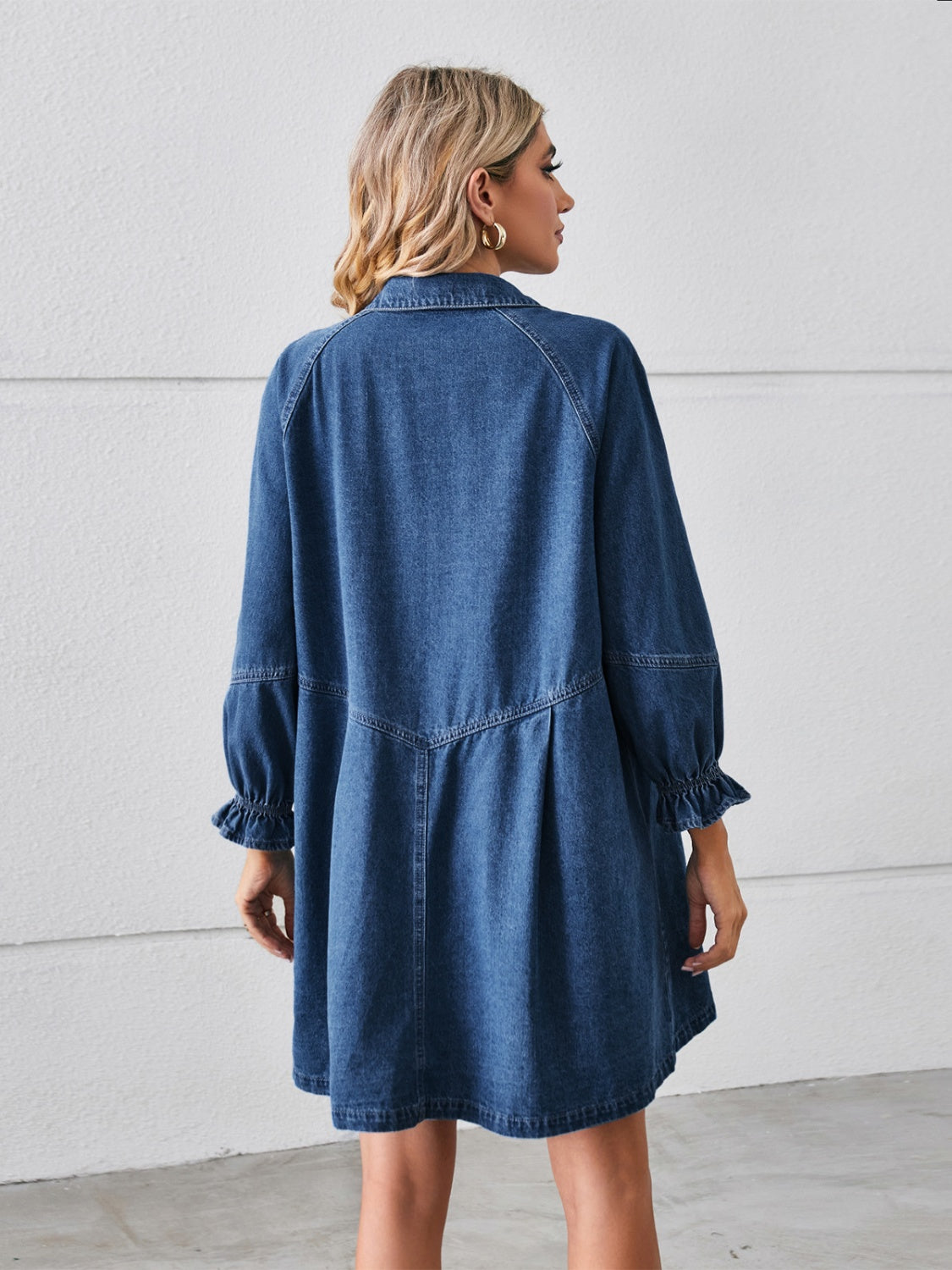 The Lynn Button Up Flounce Sleeve Mini Denim Dress