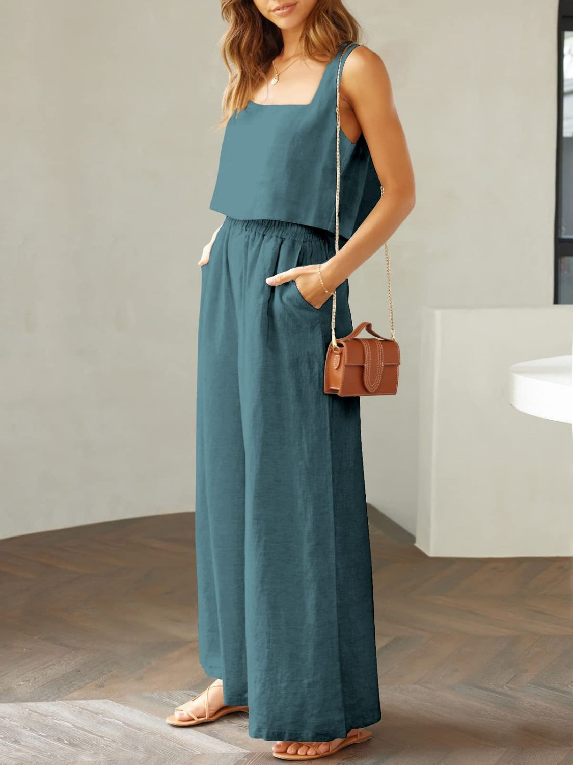 The Stephanie Square Neck Top and Wide Leg Pants Set