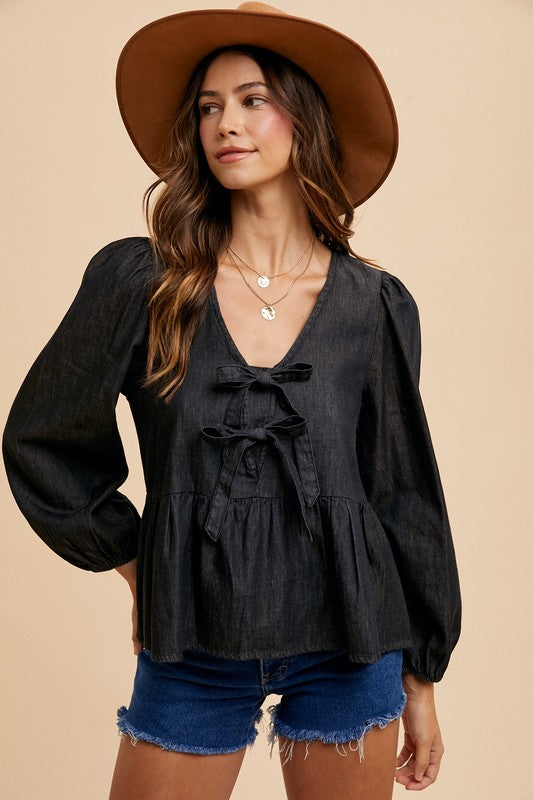 The Stephanie Tie Front Peplum Long Sleeve Denim Top