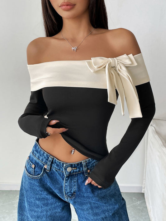 The Bella Bow Contrast Off-Shoulder Long Sleeve Top