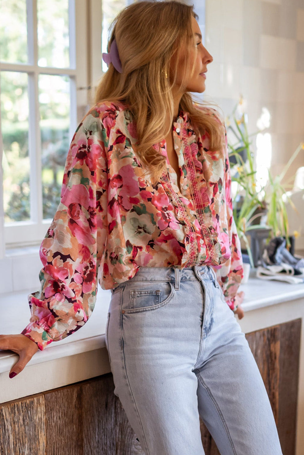 The Beth Frill Floral Button Down Long Sleeve Shirt