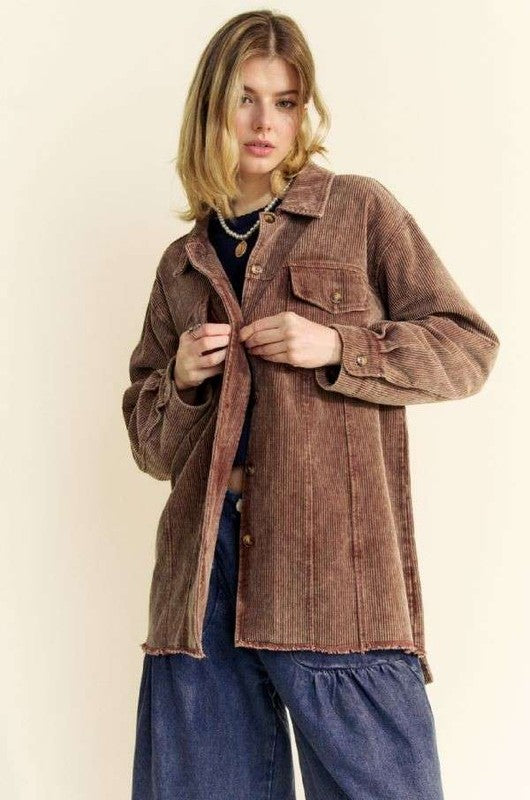 The Babs Washed Corduroy Raw Hem Button Up Jacket