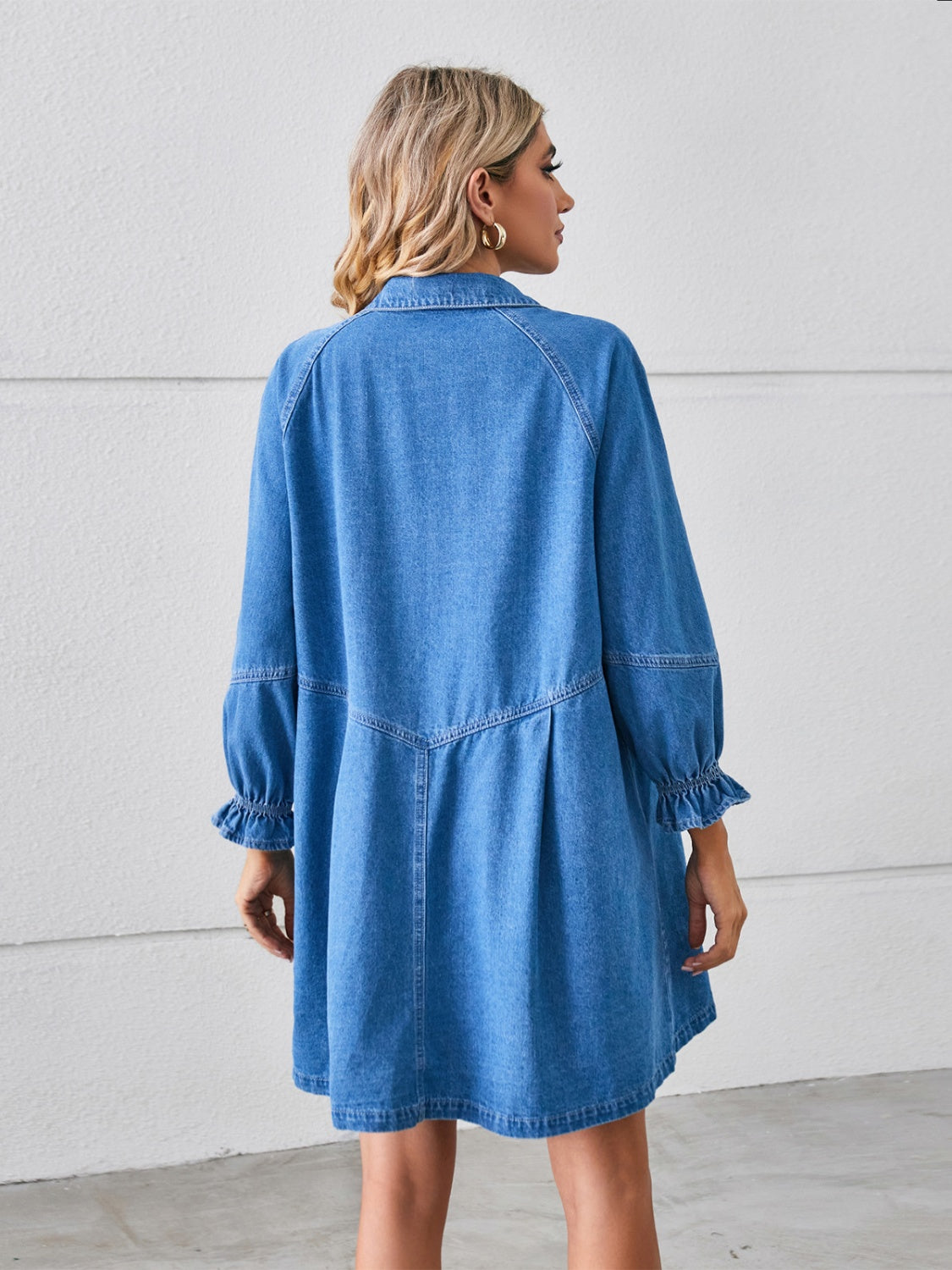 The Lynn Button Up Flounce Sleeve Mini Denim Dress