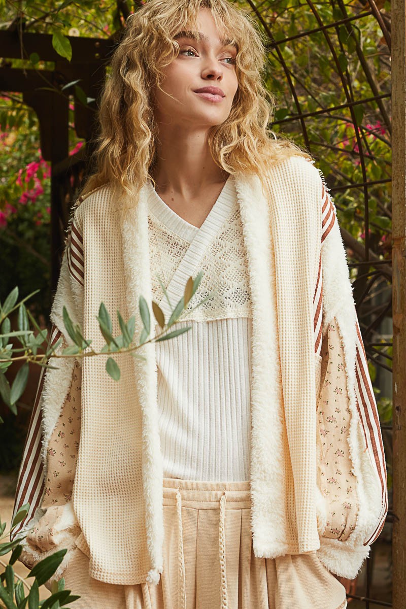 The Loriel Open Front Waffle Knit Fleece Mix Cardigan