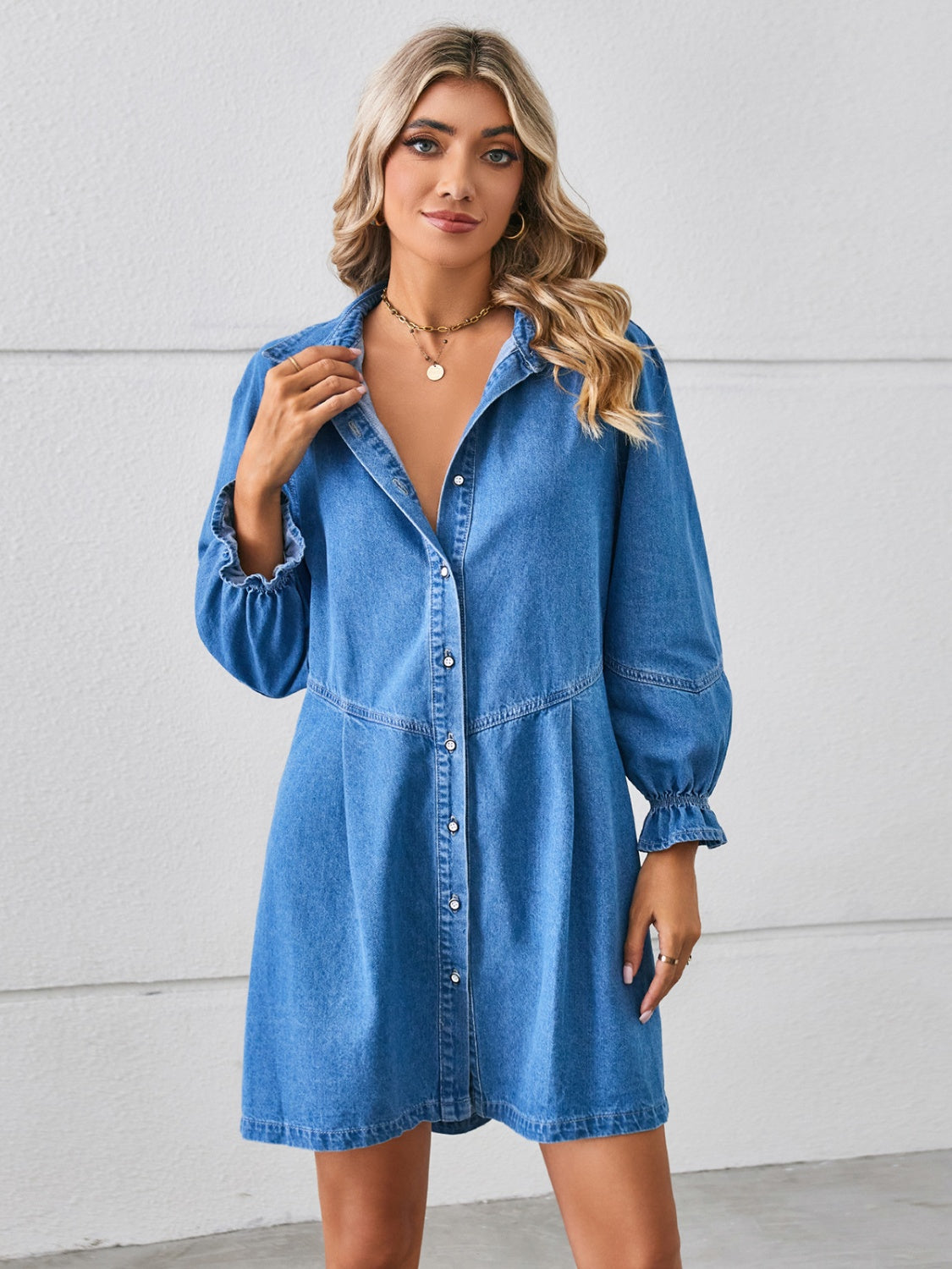 The Lynn Button Up Flounce Sleeve Mini Denim Dress