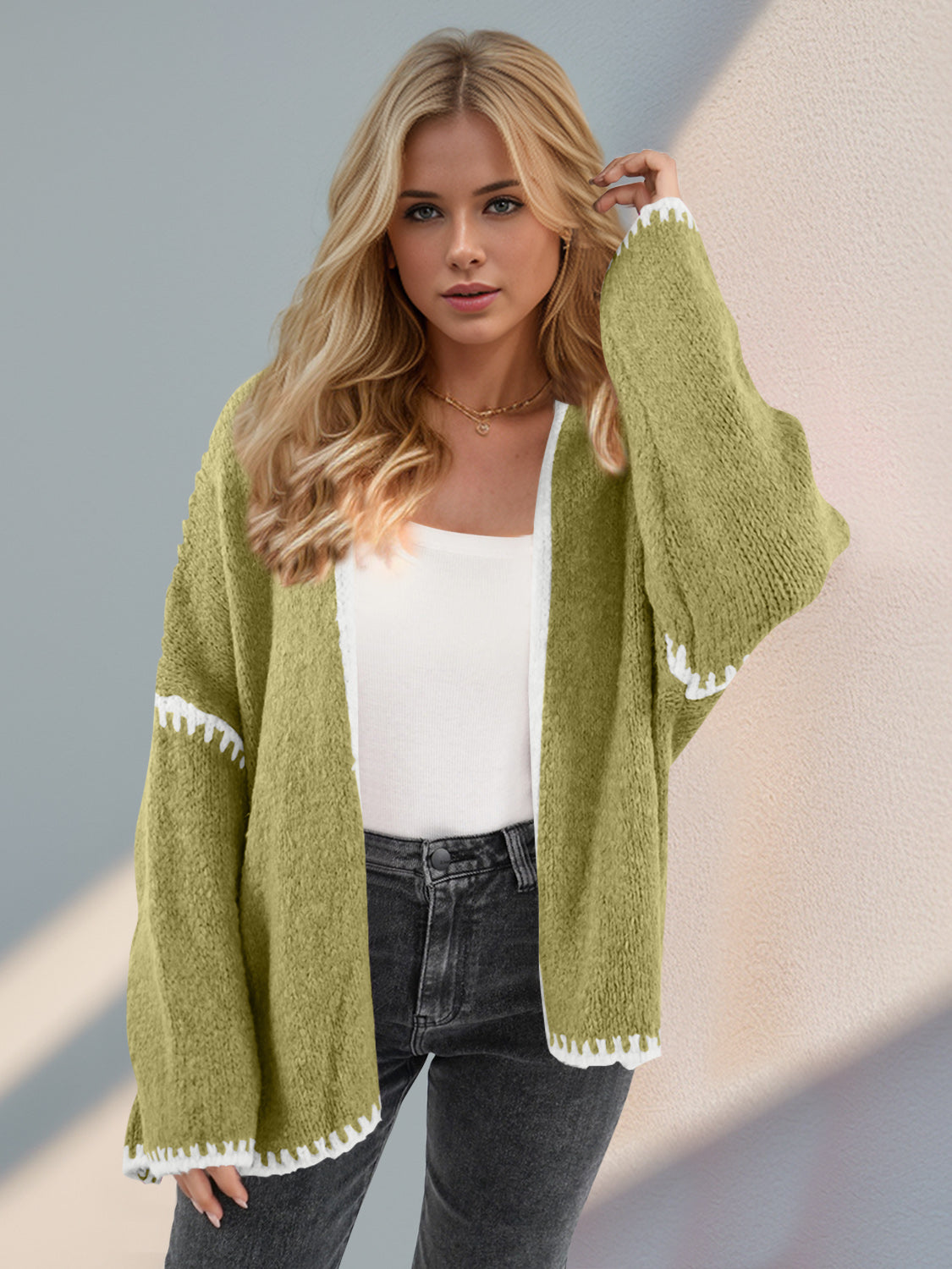 The Kimberly Double Take Contrast Open Front Dropped Shoulder Cardigan