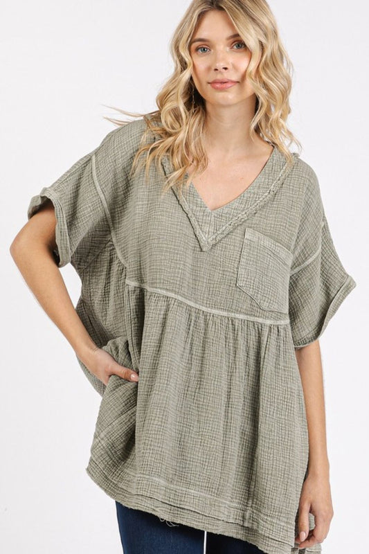 The Whitney Mineral Wash Gauze Babydoll V-Neck Oversized Blouse