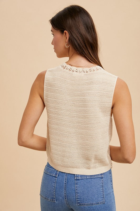 The Alicia Crochet Trim Button Down Sweater Vest