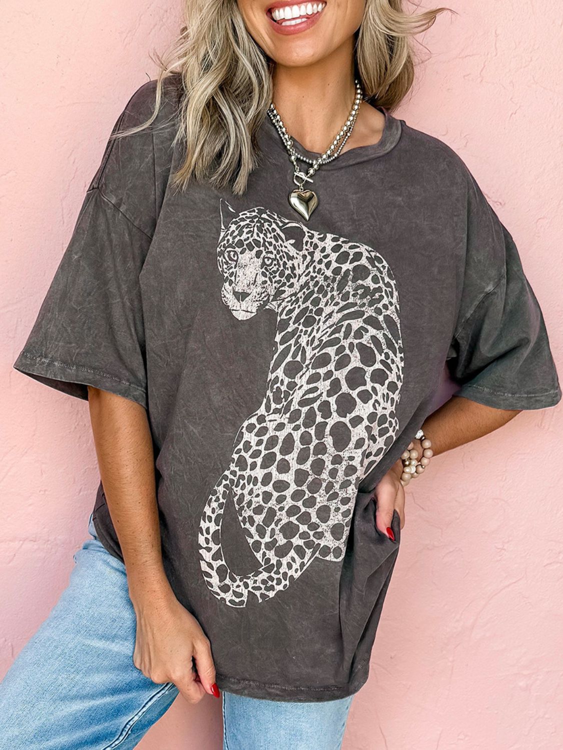 The Melinda Cheetah Mineral Wash Round Neck Half Sleeve T-Shirt