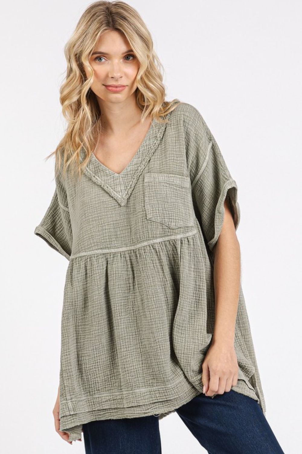 The Whitney Mineral Wash Gauze Babydoll V-Neck Oversized Blouse