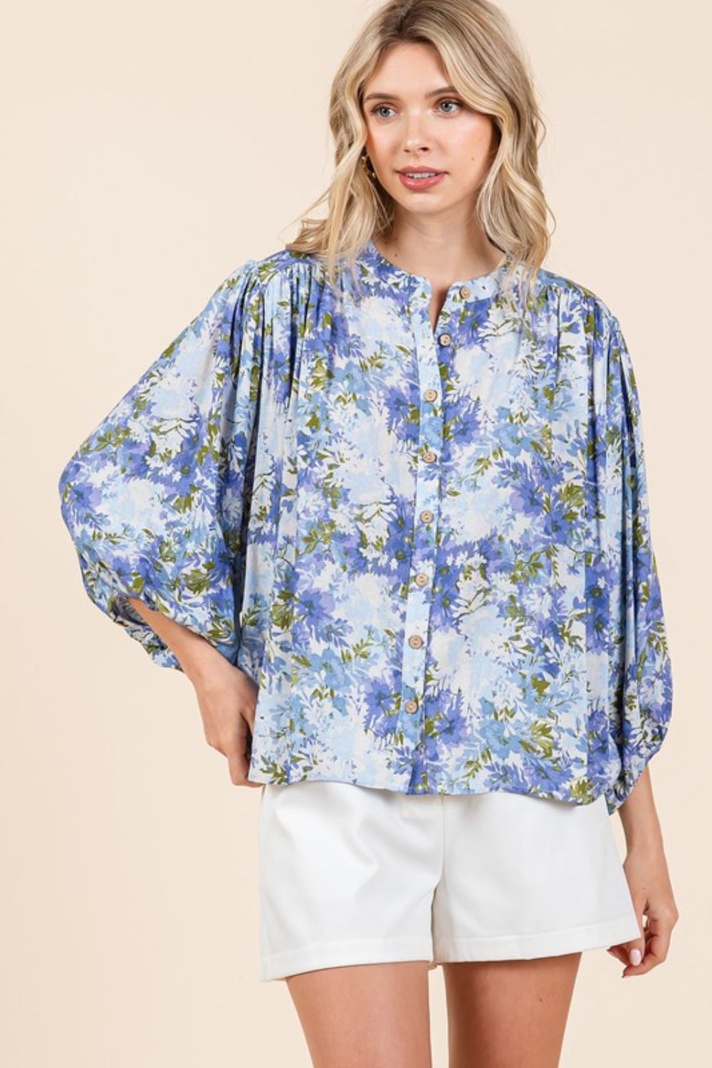 The Beth Flower Print Batwing Sleeve Button Down Blouse