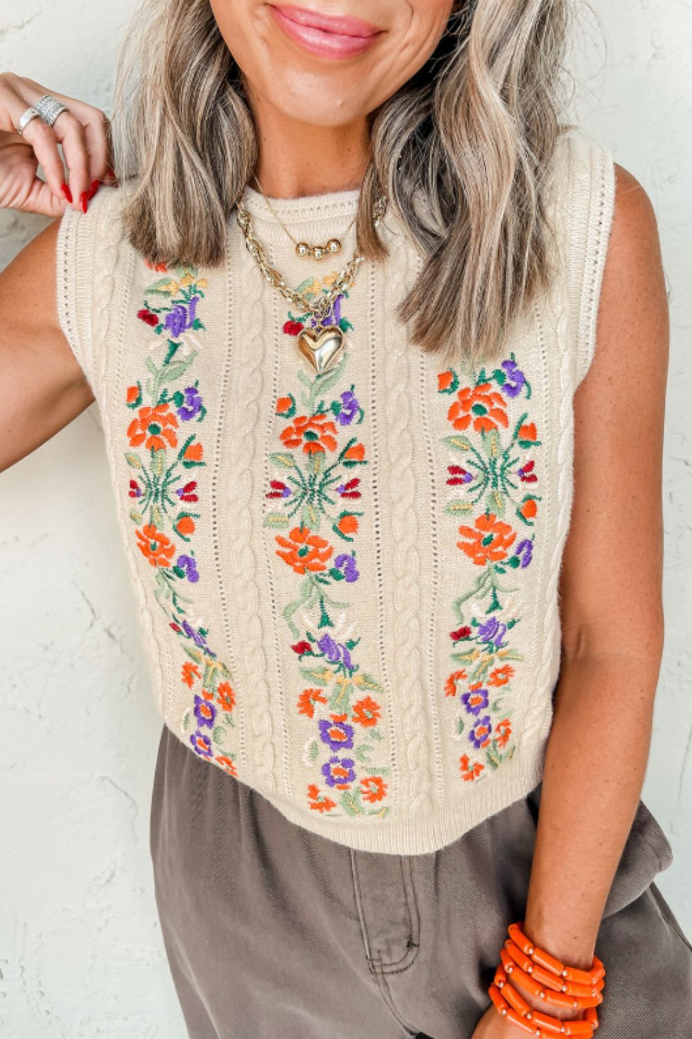 The Sammie Embroidered Cable-Knit Round Neck Sweater Vest