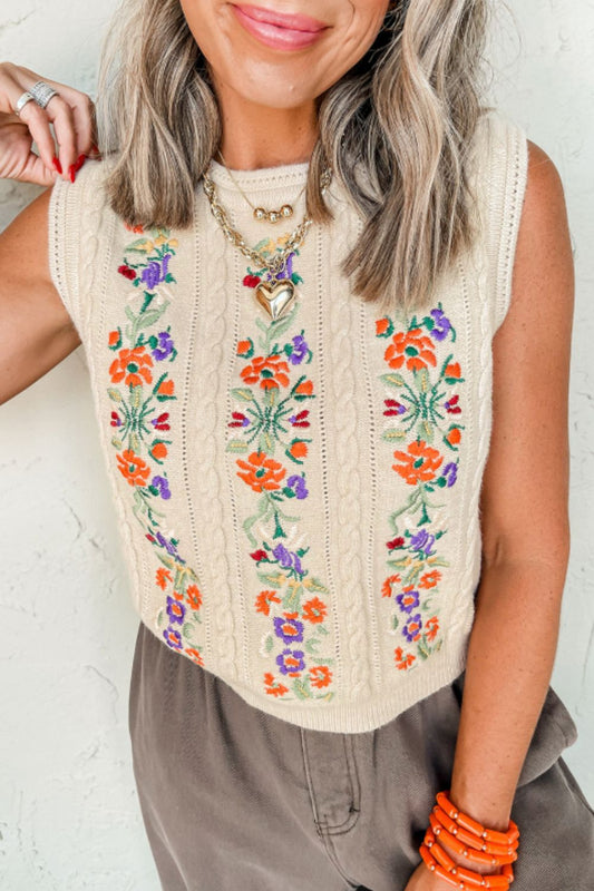 The Sammie Embroidered Cable-Knit Round Neck Sweater Vest