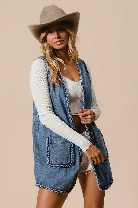 The Loriel Braided Trim Open Front Denim Vest with Pockets