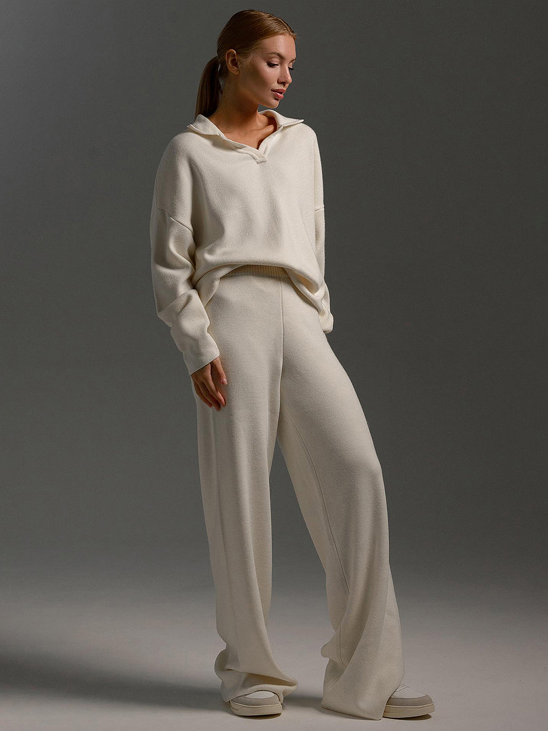 The Delaney Collar Long Sleeve Top and Pants Sweater Set