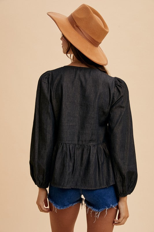 The Stephanie Tie Front Peplum Long Sleeve Denim Top