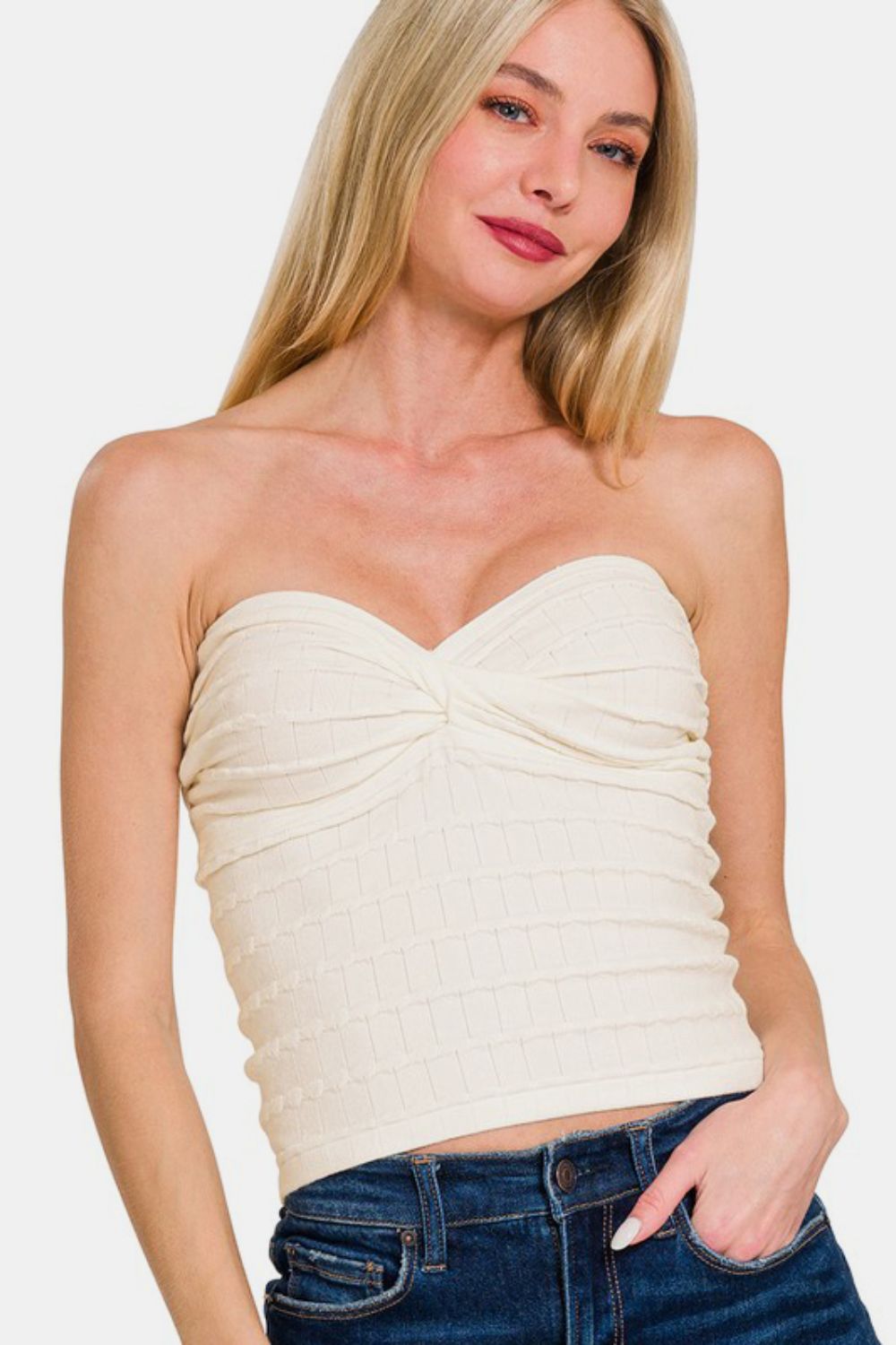 The Danica Ruched Twisted Sweetheart Neck Top