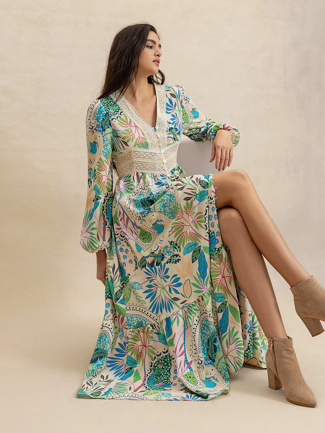 The Ali Slit Printed V-Neck Long Sleeve Midi Dress