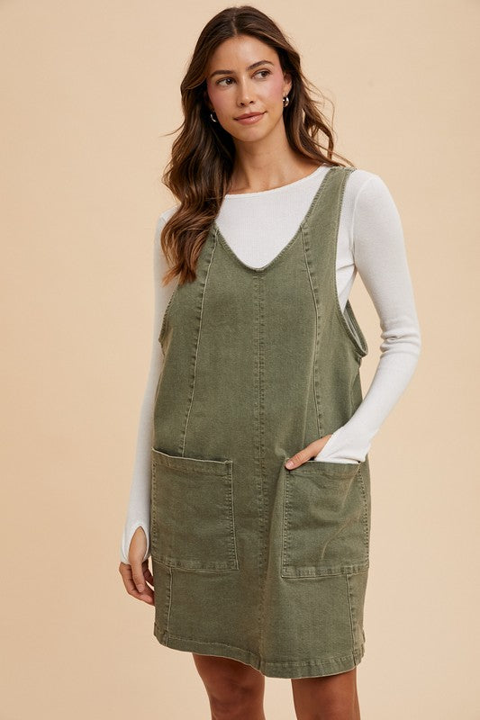 The Jenny V-Neck Adjustable Strap Denim Overall Dress with Pockets