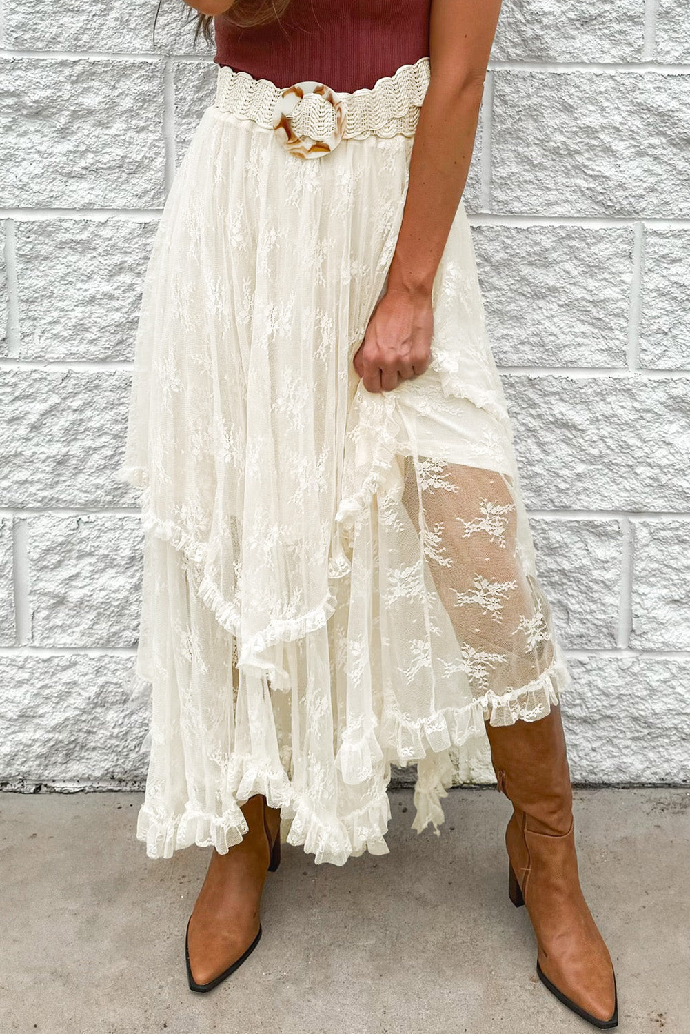 The Leslie Lace Tiered Midi Skirt