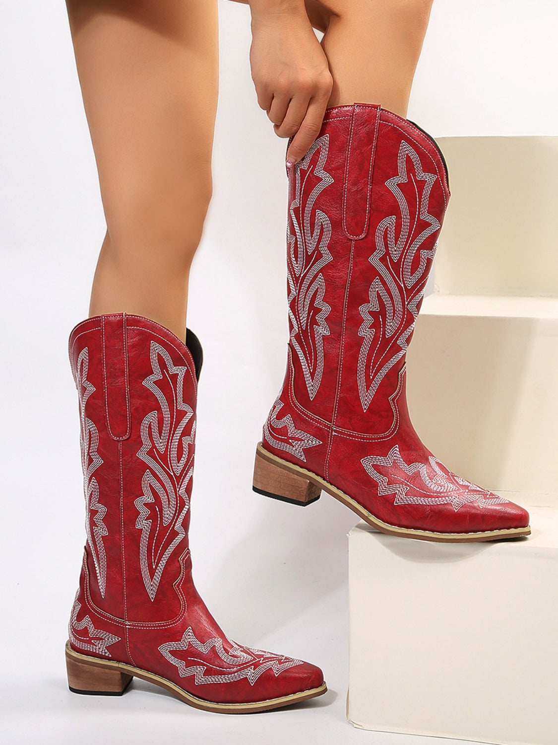 The Islands Leather Embroidered Geometric Point Toe Boots