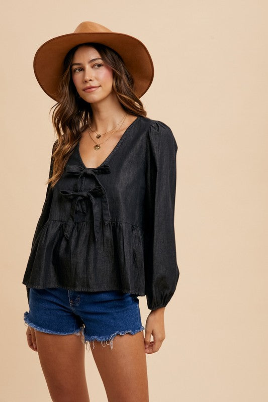 The Stephanie Tie Front Peplum Long Sleeve Denim Top