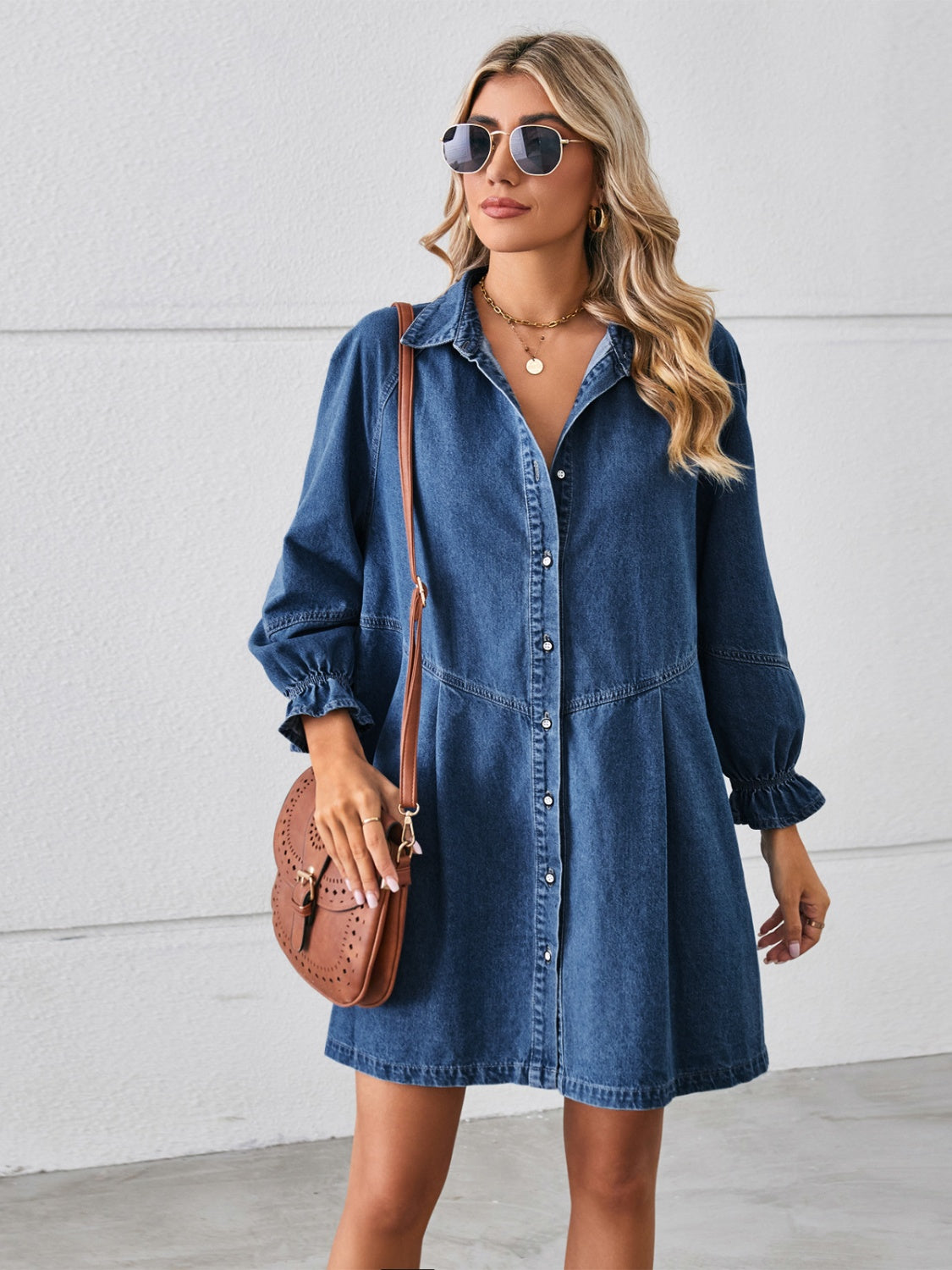 The Lynn Button Up Flounce Sleeve Mini Denim Dress