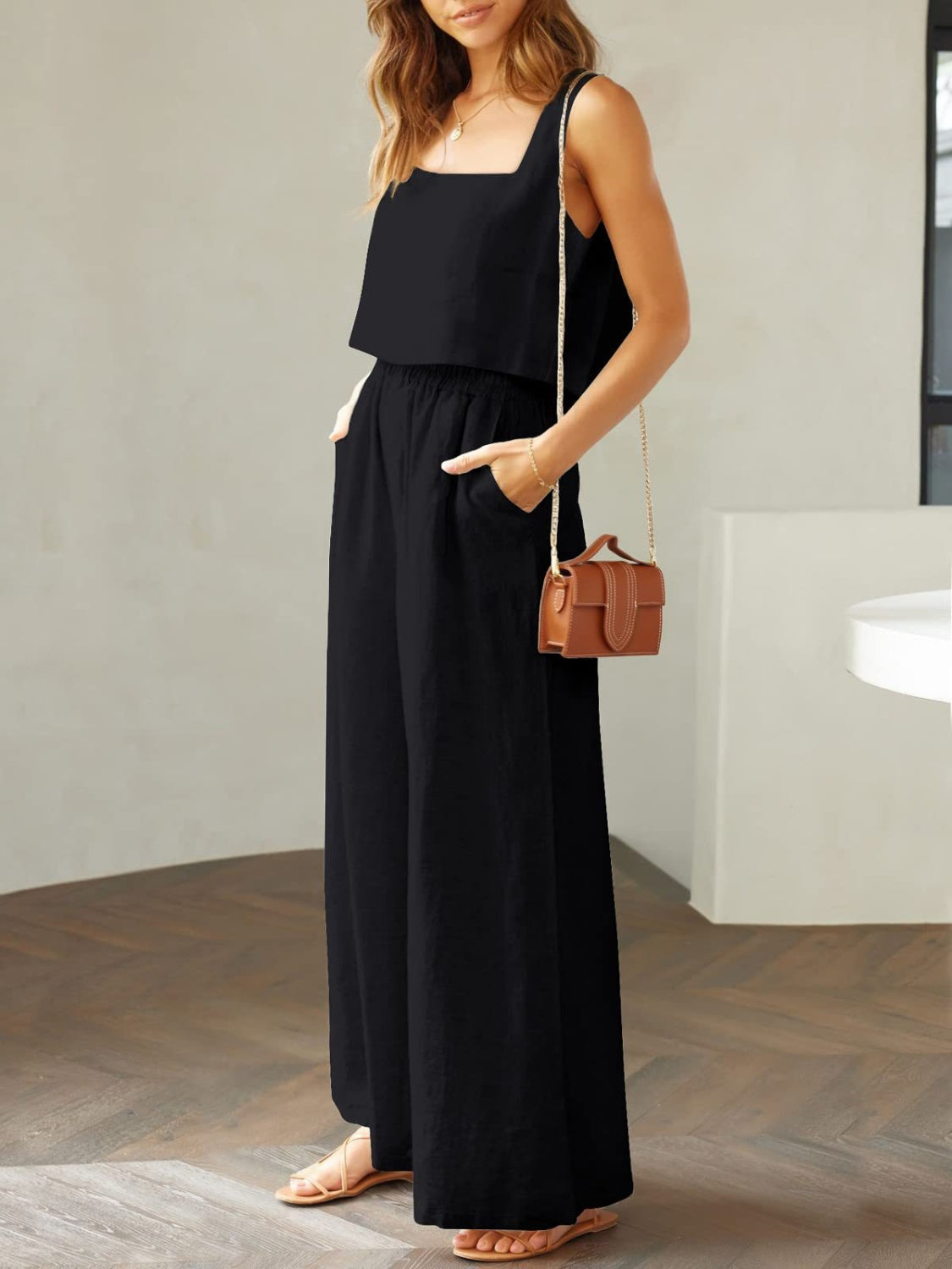 The Stephanie Square Neck Top and Wide Leg Pants Set