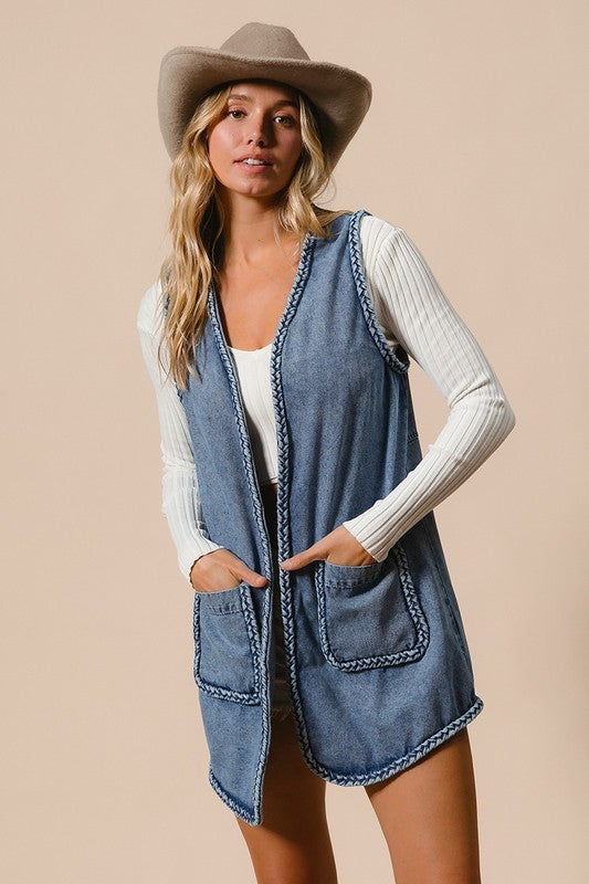 The Loriel Braided Trim Open Front Denim Vest with Pockets