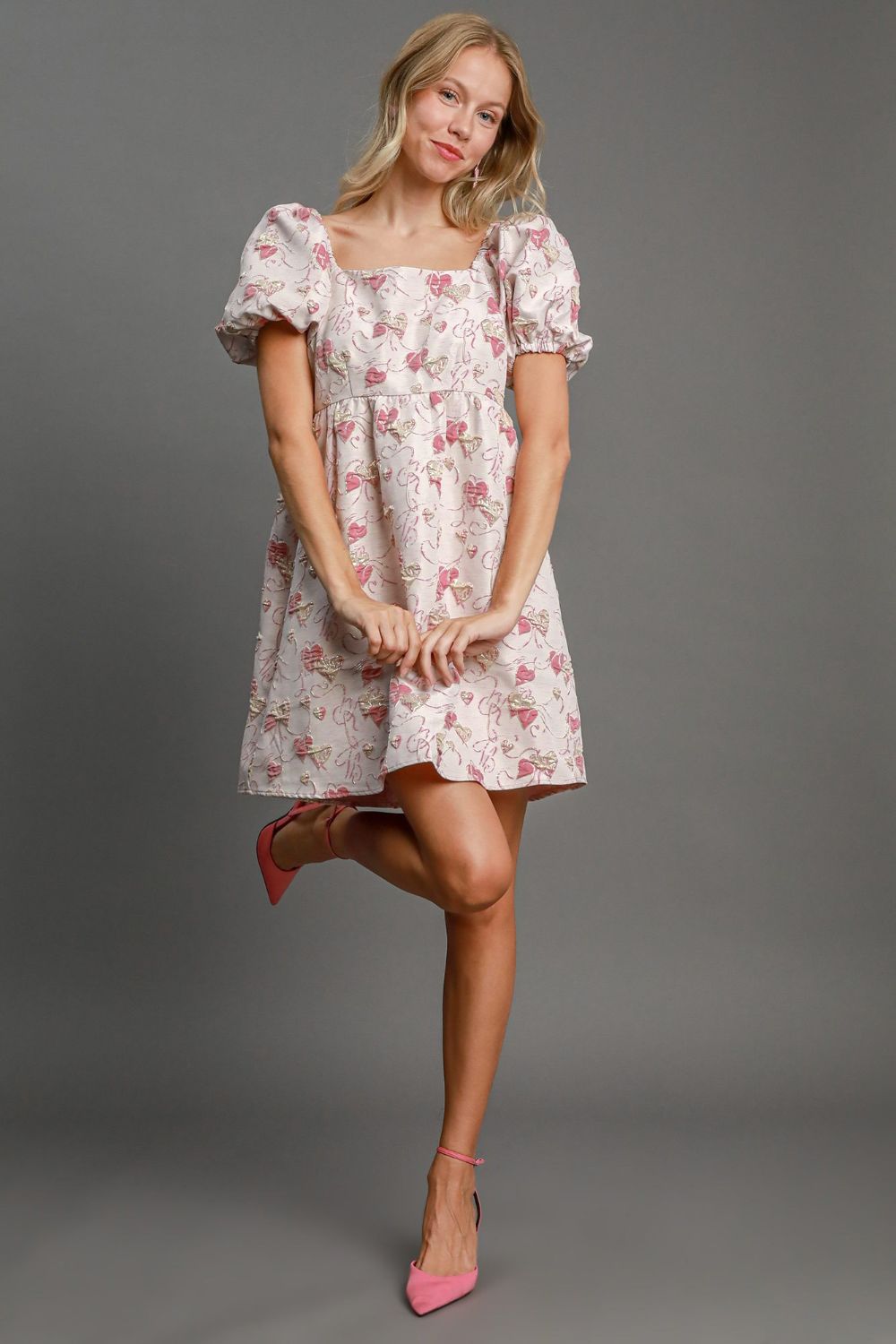 The Harper Heart Jacquard Square Neck Puff Sleeve Mini Dress