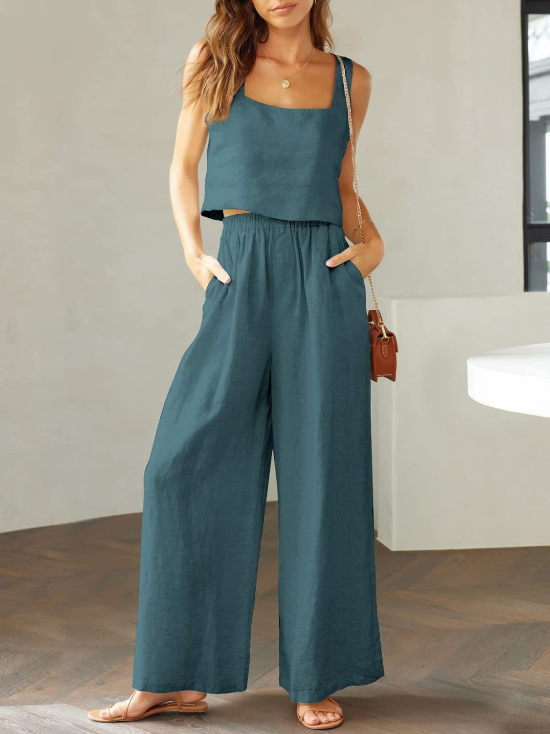 The Stephanie Square Neck Top and Wide Leg Pants Set