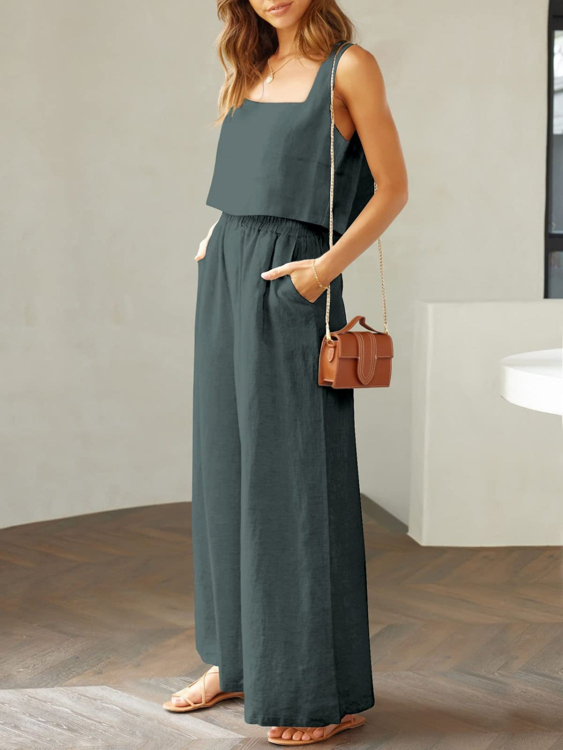 The Stephanie Square Neck Top and Wide Leg Pants Set