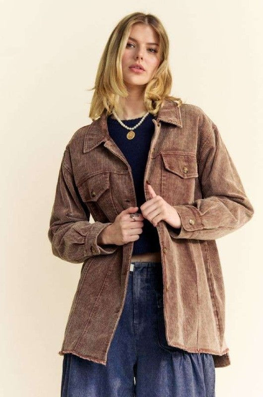 The Babs Washed Corduroy Raw Hem Button Up Jacket