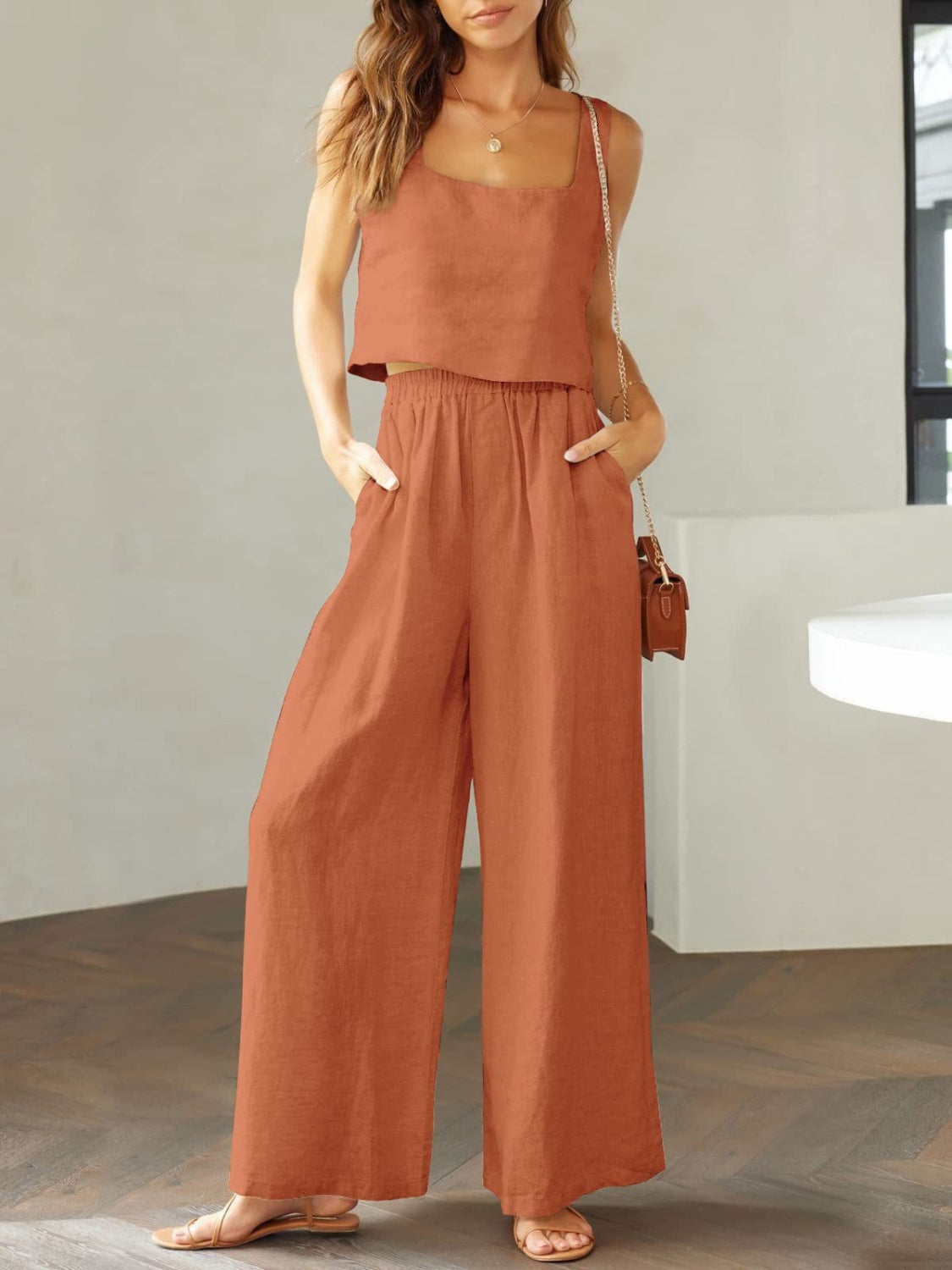 The Stephanie Square Neck Top and Wide Leg Pants Set