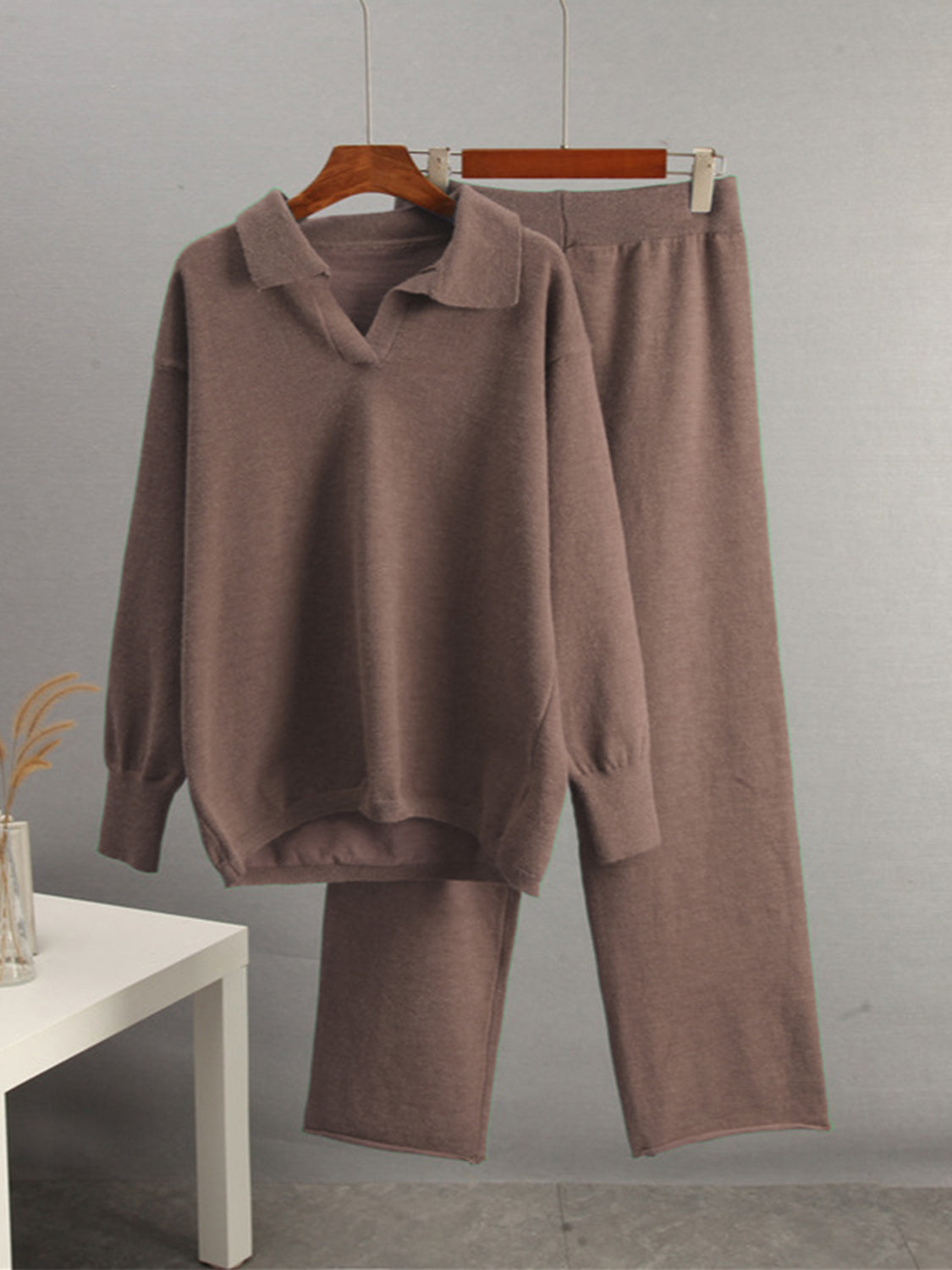 The Delaney Collar Long Sleeve Top and Pants Sweater Set