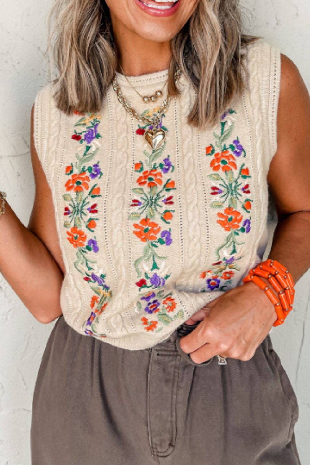 The Sammie Embroidered Cable-Knit Round Neck Sweater Vest