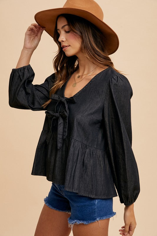 The Stephanie Tie Front Peplum Long Sleeve Denim Top