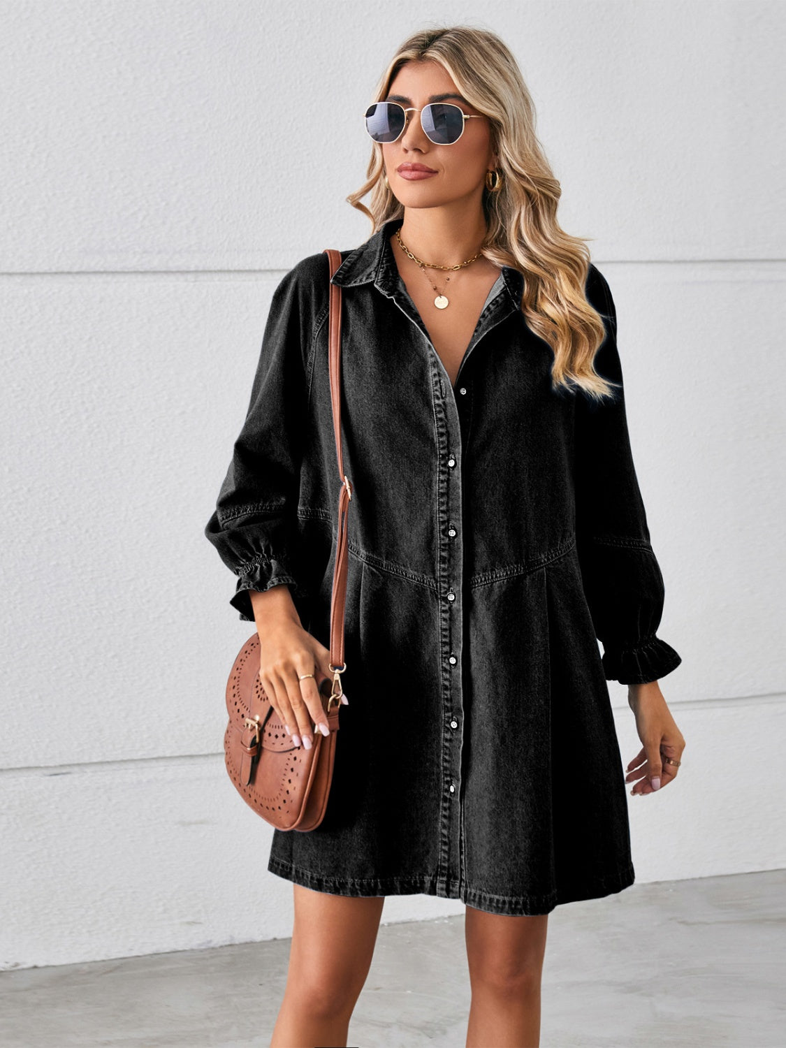 The Lynn Button Up Flounce Sleeve Mini Denim Dress