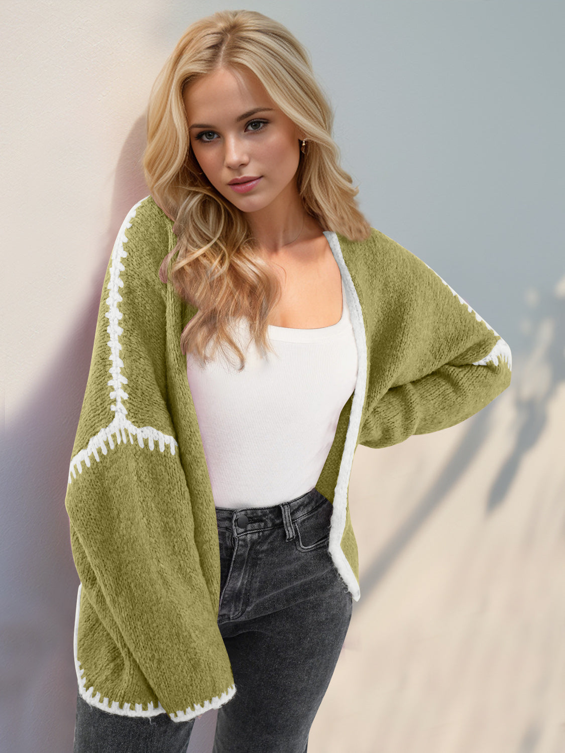 The Kimberly Double Take Contrast Open Front Dropped Shoulder Cardigan