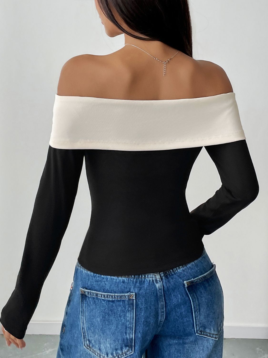 The Bella Bow Contrast Off-Shoulder Long Sleeve Top