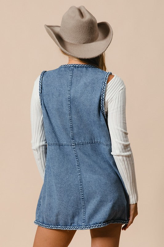 The Loriel Braided Trim Open Front Denim Vest with Pockets