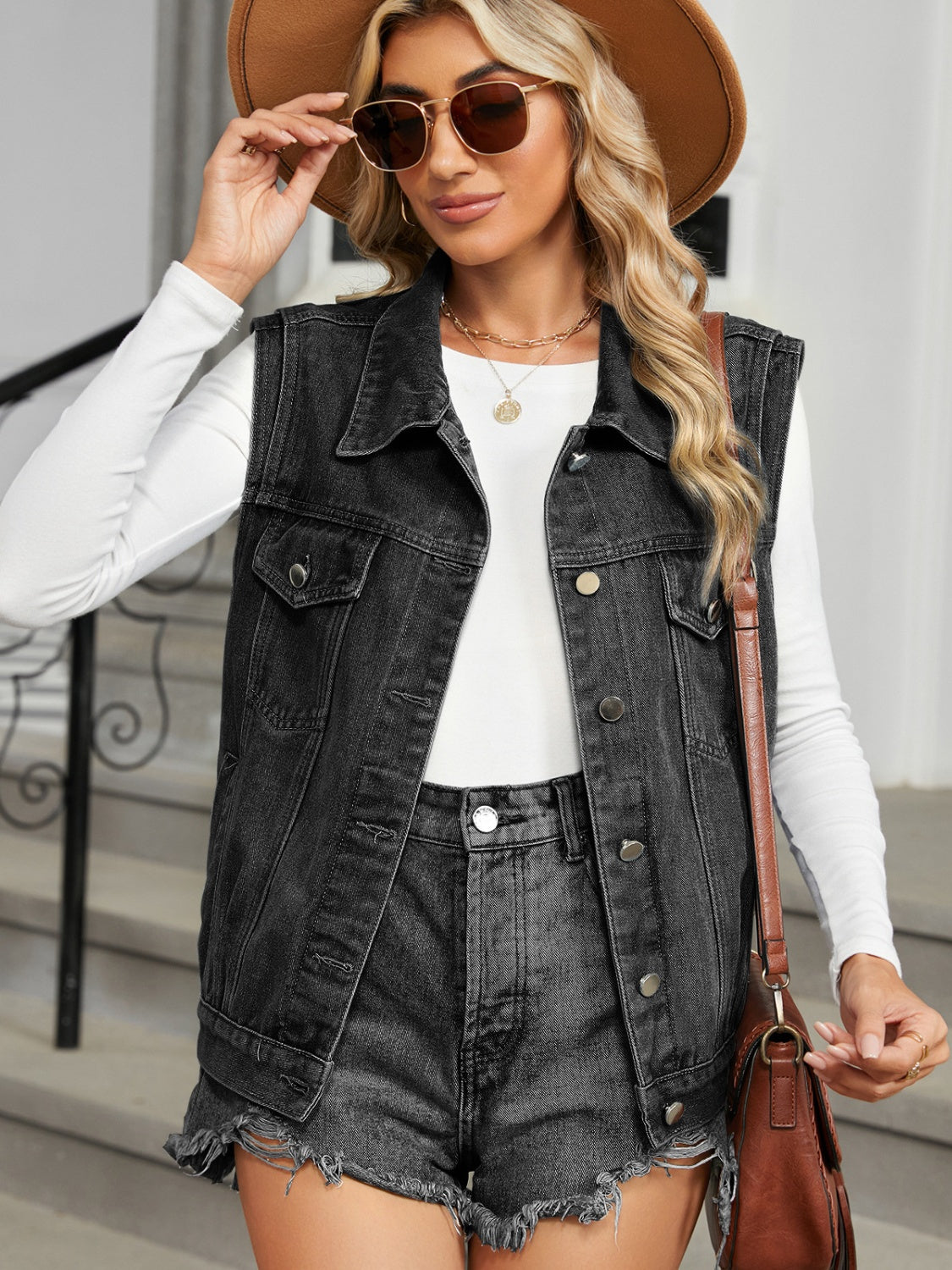 The Lindsey Pocketed Button Up Sleeveless Denim Jacket