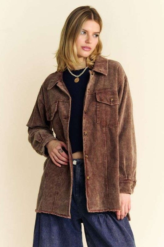 The Babs Washed Corduroy Raw Hem Button Up Jacket