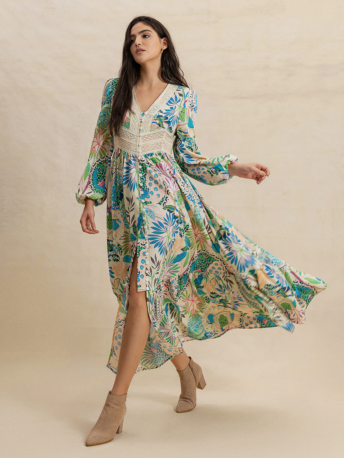 The Ali Slit Printed V-Neck Long Sleeve Midi Dress