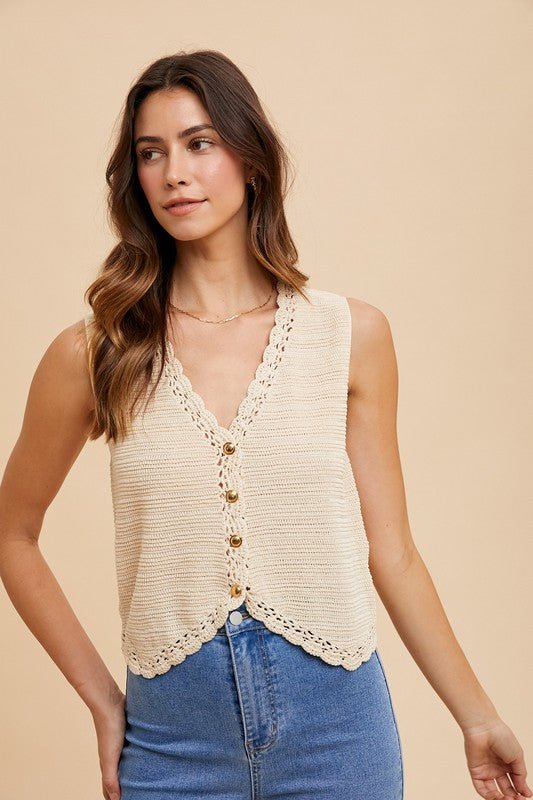 The Alicia Crochet Trim Button Down Sweater Vest