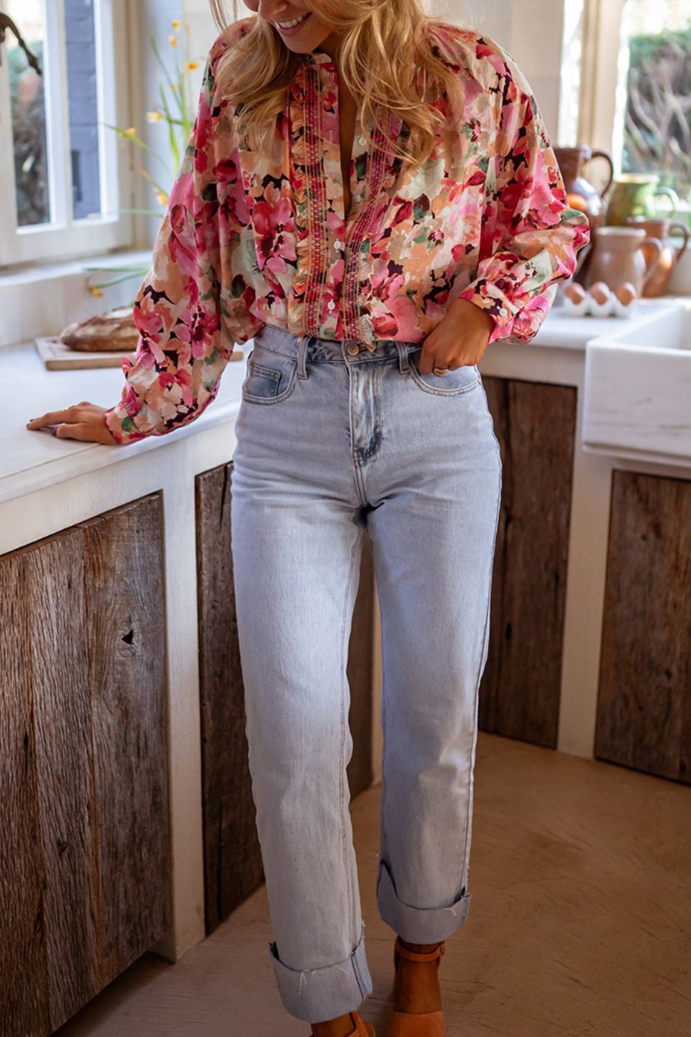 The Beth Frill Floral Button Down Long Sleeve Shirt