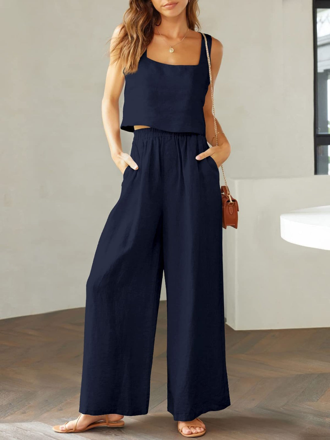 The Stephanie Square Neck Top and Wide Leg Pants Set