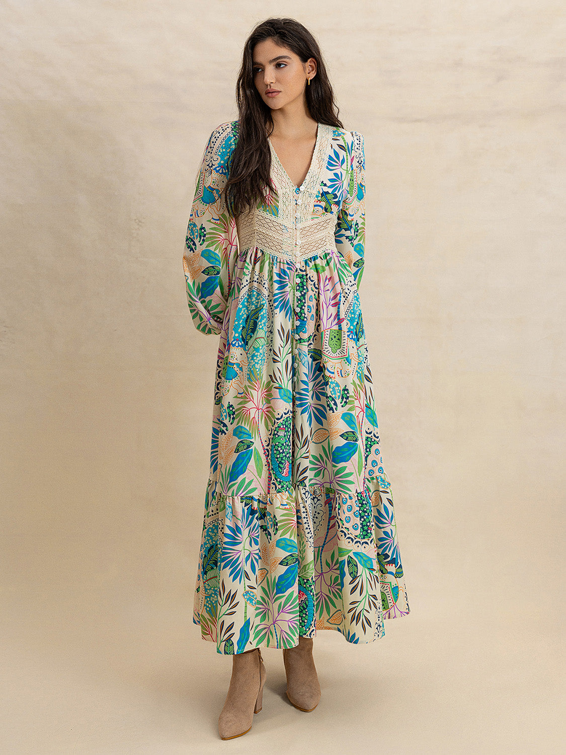 The Ali Slit Printed V-Neck Long Sleeve Midi Dress